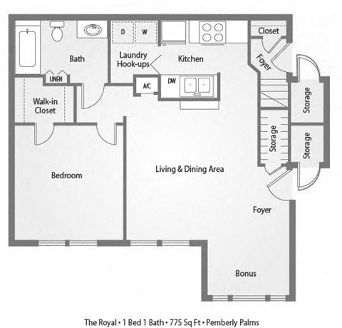 Floor plan for 1 bed, 1 bath, 750 sqft